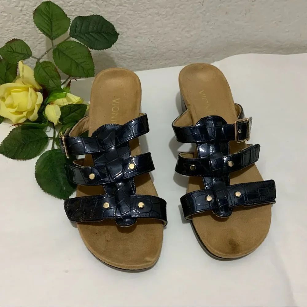Vionic Radia Wedge Sandal Snake Print Navy Crocodile Buckle Slide Womens 6/37